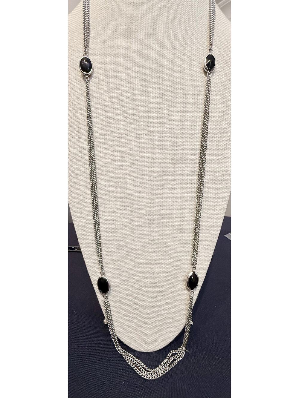 Runway Silver Tone Black Cabochon Chain Necklace 26”